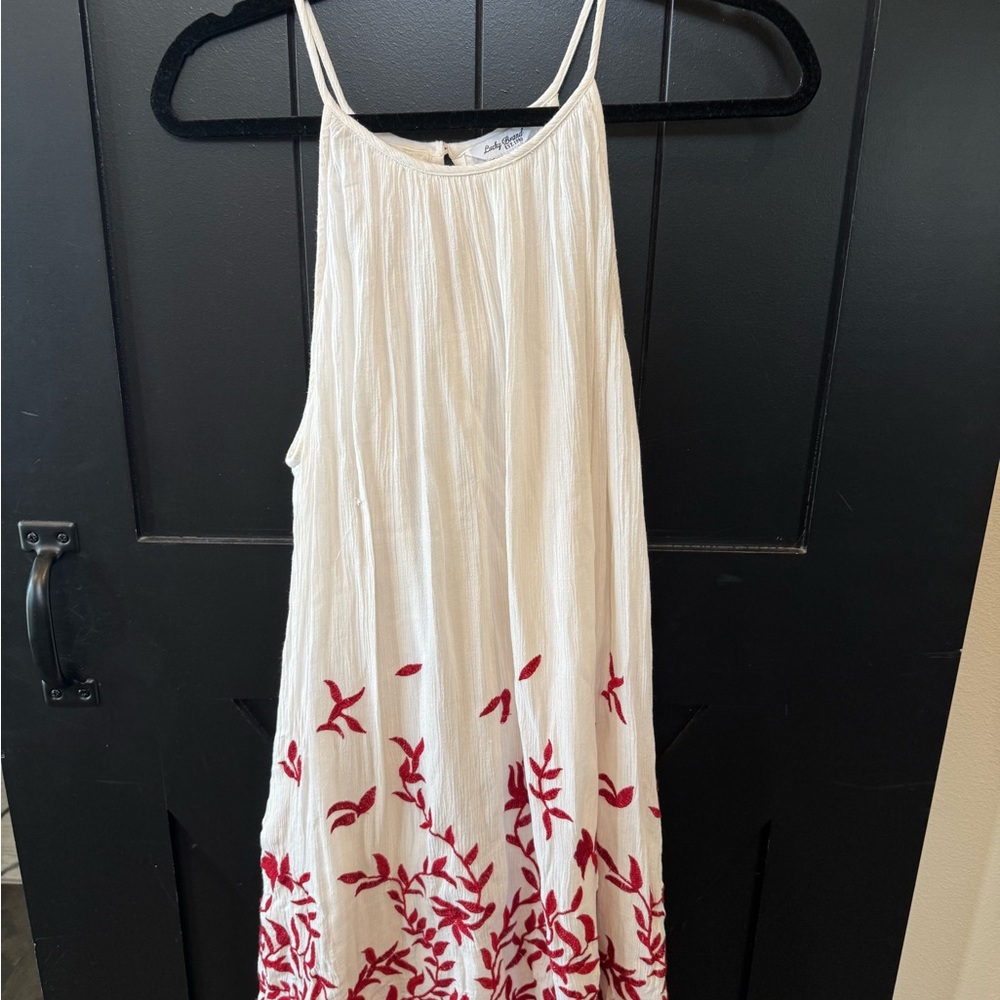 Lucky Brand White Dress with Red Embroidered Hem
